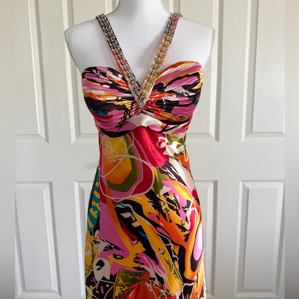 Faviana Couture Colorful Embellished Long Satin Maxi Dress Formal Gown Size 12 - Picture 3 of 16